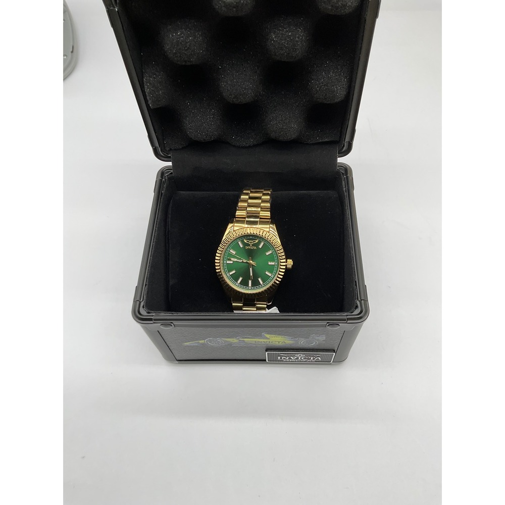 Invicta Racing Mens Watch Gold Tone Green Dial Fluted Bezel with Impact Case
